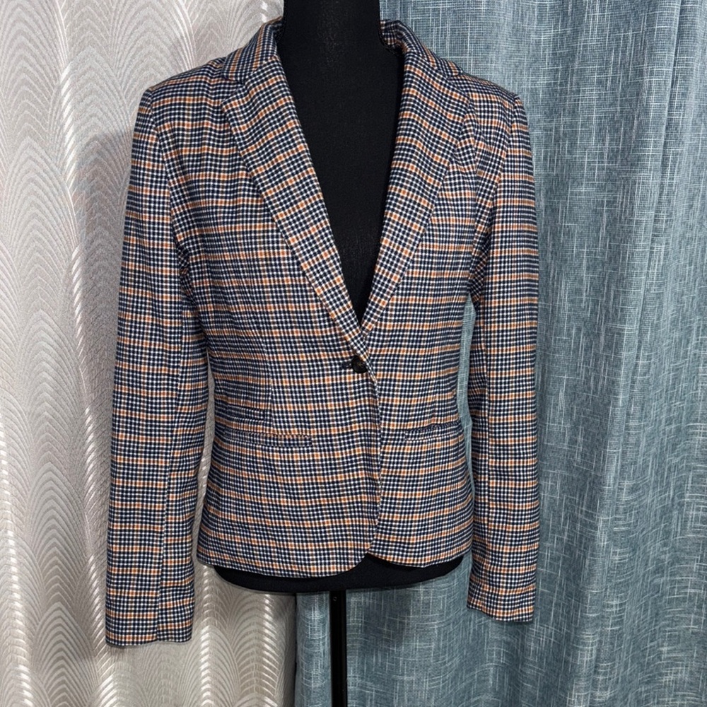 Merona Blue and Brown Plaid Blazer Tailored Suit Jacket